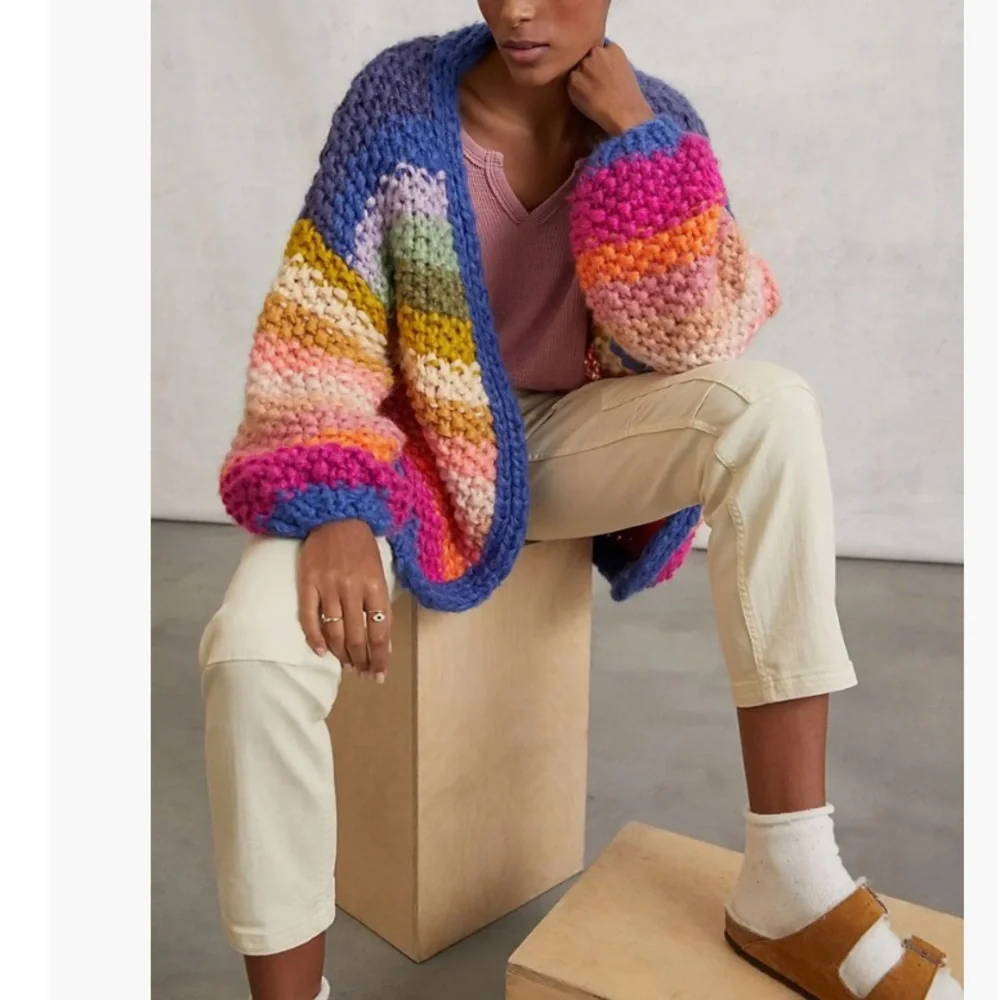 SAACHI Multicolor Chunky Knit Striped Cardigan - Blue, Pink, Yellow - Picture 2 of 13